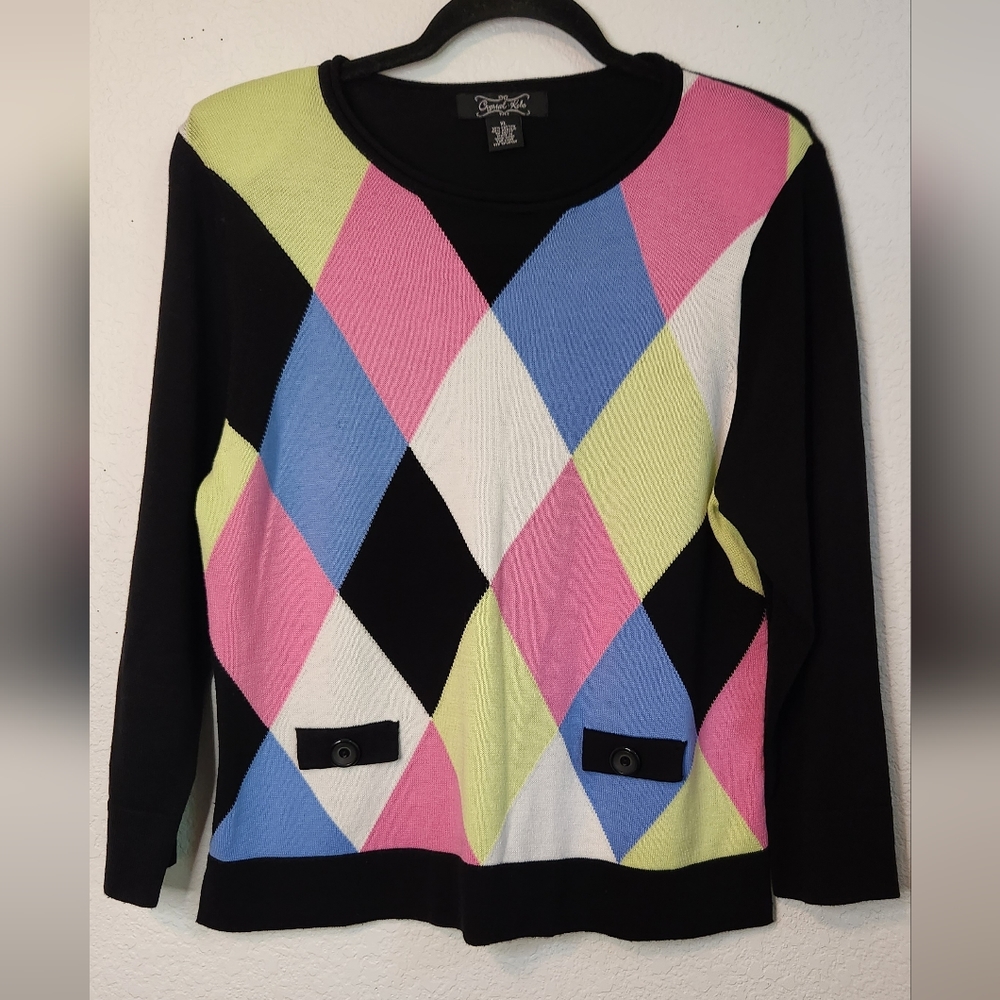 Vintage Crystal-Kobe, Multicolored‎ Argyle Sweater, Rolled-Neck, Size XL